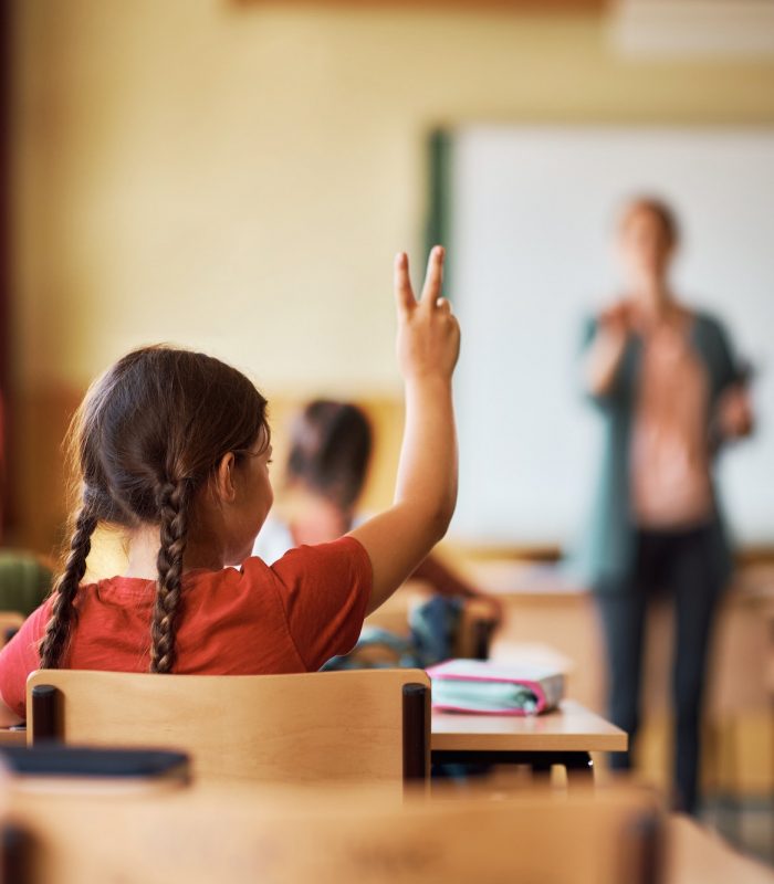 Rear view of schoolgirl raising hand to ask a question in the classroom.